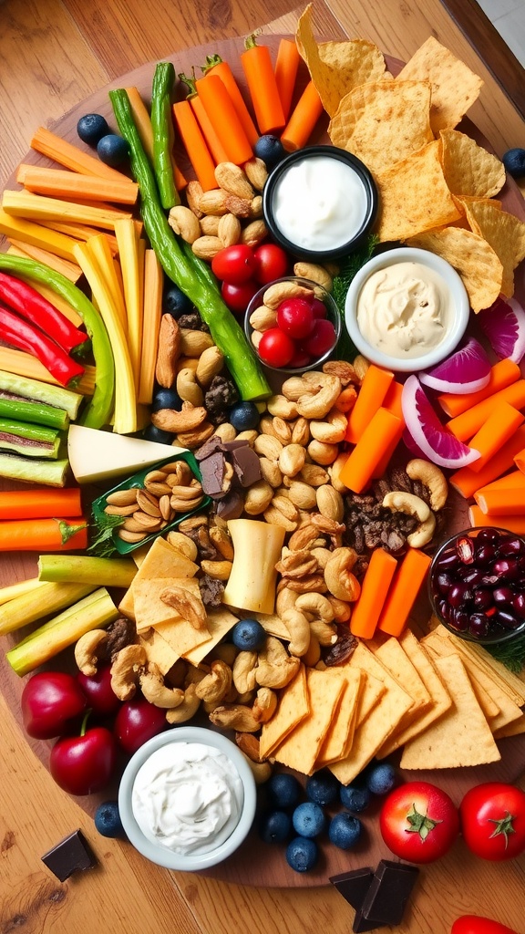 A vibrant and appealing snack rack featuring vegetables, cheeses, nuts, chips, and various dips on a wooden platter.